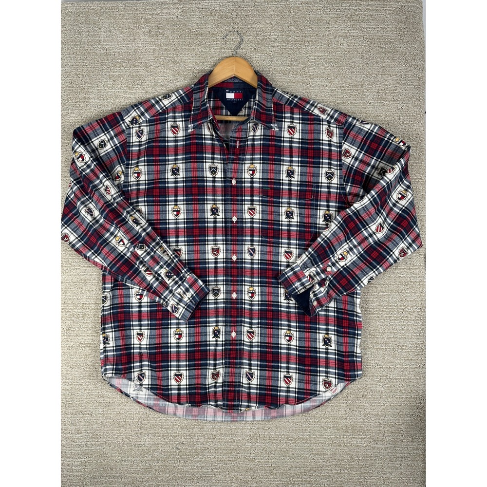 Tommy Hilfiger Mens Large Plaid Crest Embroidered Button Down Shirt Red Blue L‎